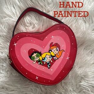 HAND PAINTED powerpuff girls red heart shaped purse! 💗💗💗